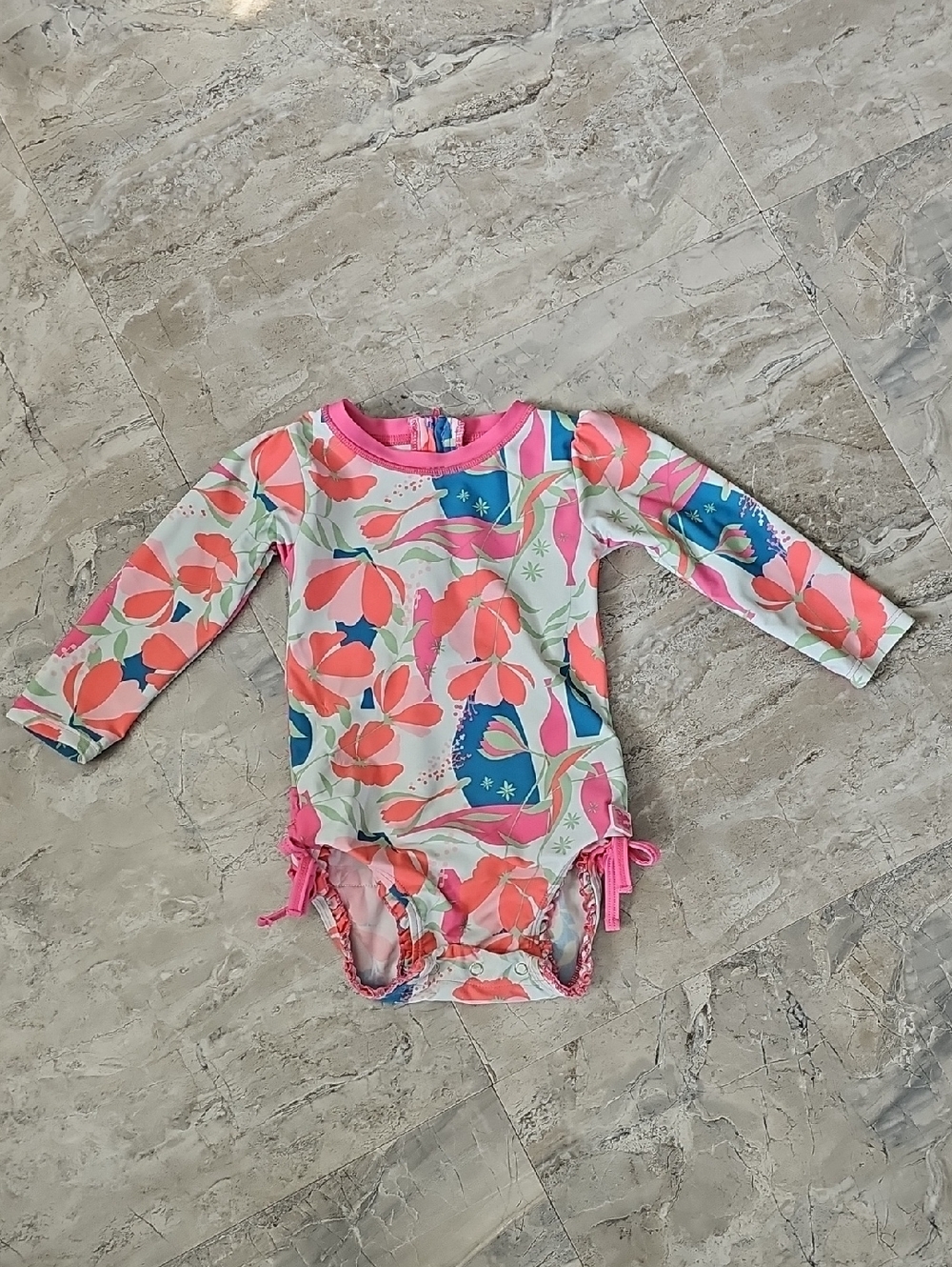 Ruffle Butts Pink Coral Blue Floral Long Sleeve Rashguard